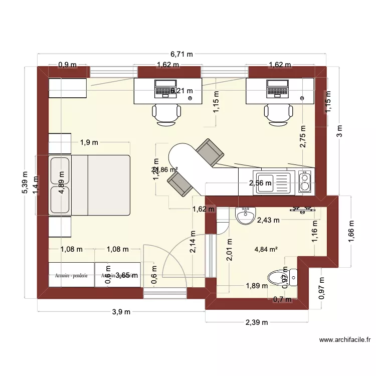 plan studio. Plan de 2 Pièces et 30 m²