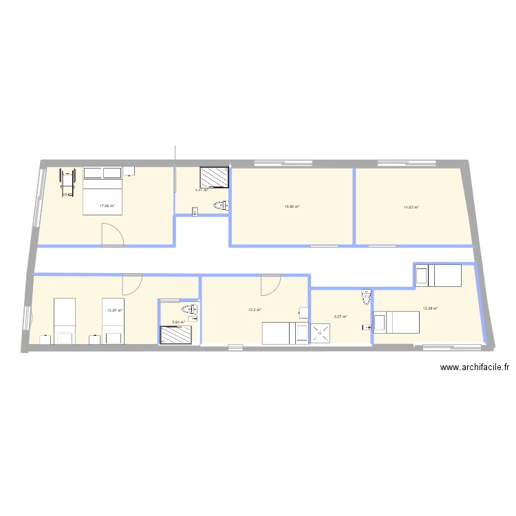plain pied. Plan de 9 pièces et 105 m2