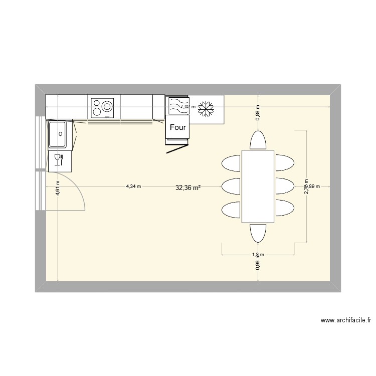 cuisine avec meuble. Plan de 1 pièce et 32 m2