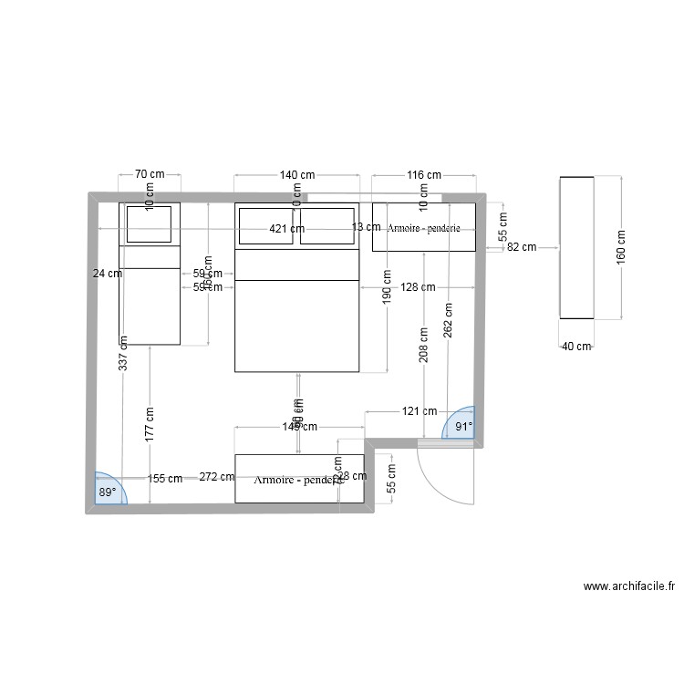 chambre . Plan de 1 pièce et 13 m2