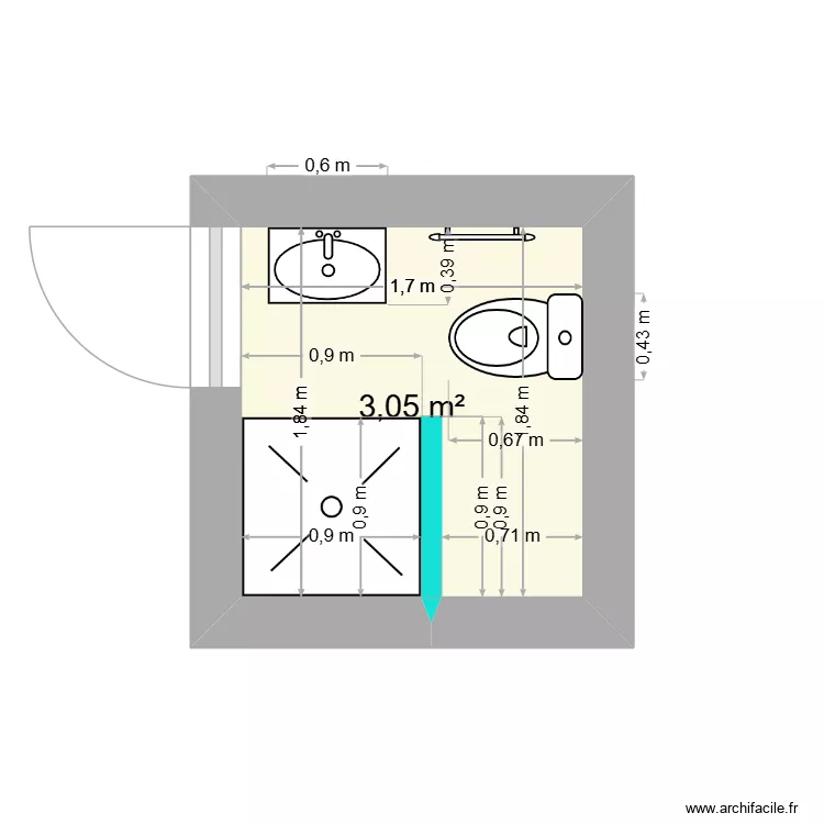 salle de bain &eacute;tage. Plan de 1  et 3 m²