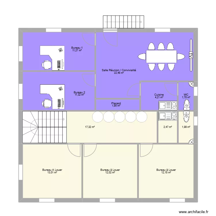Etage Bureaux. Plan de 12  et 112 m²