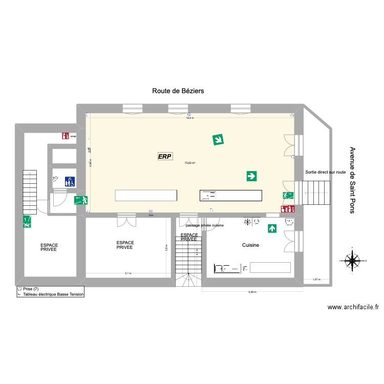 Bar coupe devant. Plan de 1 pièce et 74 m2