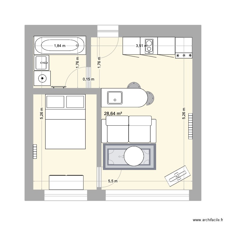 appart caen v3. Plan de 1 pièce et 29 m2
