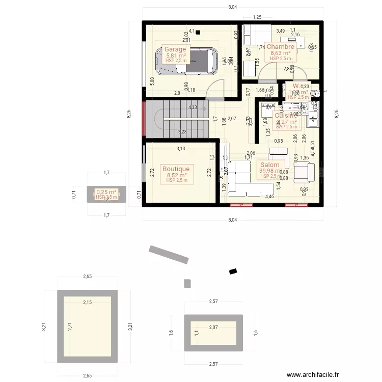 Plan de RDC. Plan de 7  et 67 m²