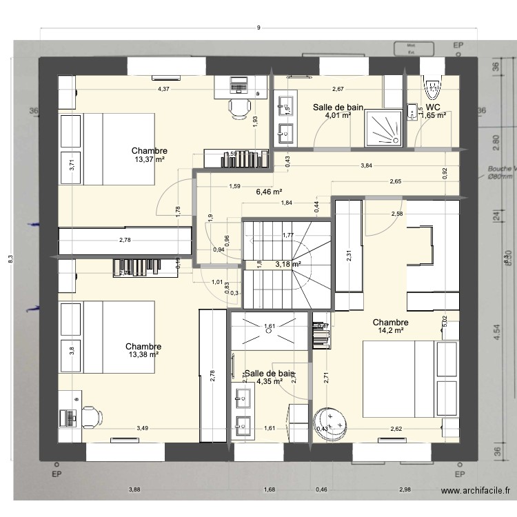 184 OLD. Plan de 14 pièces et 184 m2