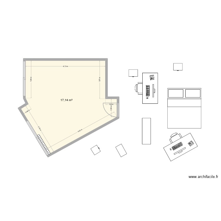 bureau vide avec porte et fenêtres. Plan de 1 pièce et 17 m2