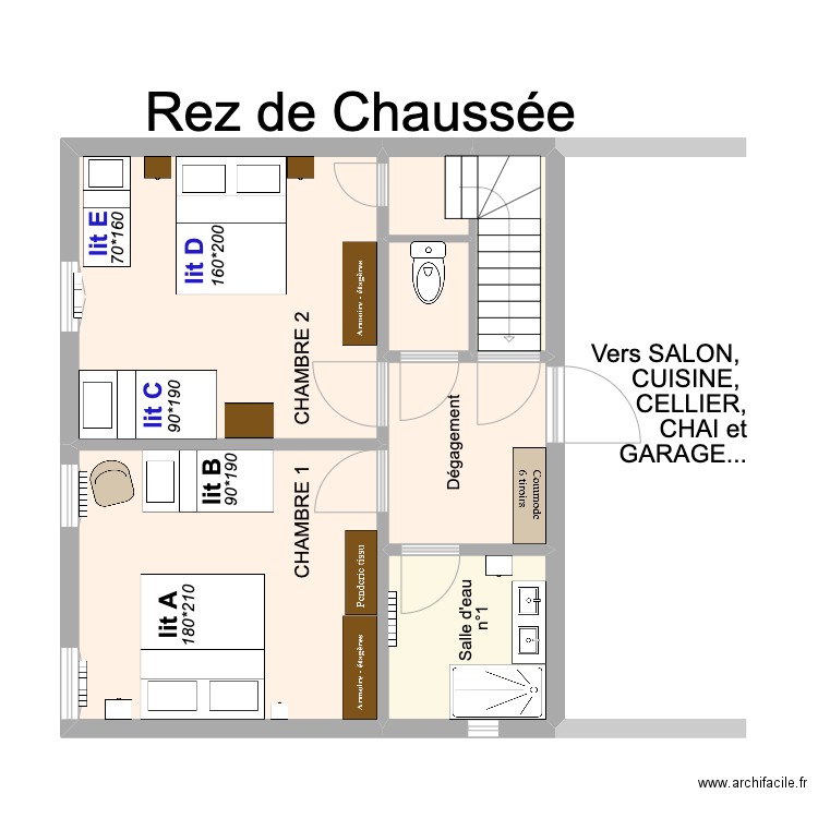 Chambres RDC LGDV. Plan de 7 pièces et 52 m2