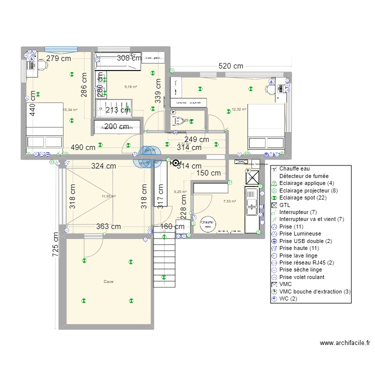 Maison B&B R-1 option B. Plan de 9 pièces et 80 m2