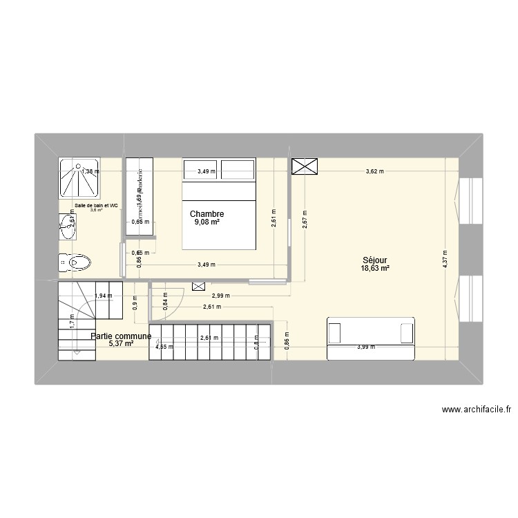 Plan 2e étage - T2 - Perpi - dagobert. Plan de 4 pièces et 37 m2