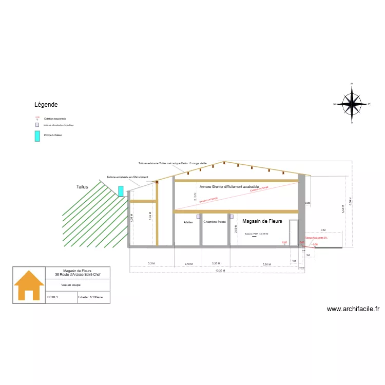 vue coupe magasin avec cotations. Plan de 