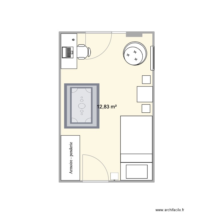 chambre de Elene avec bureau. Plan de 1 pièce et 13 m2
