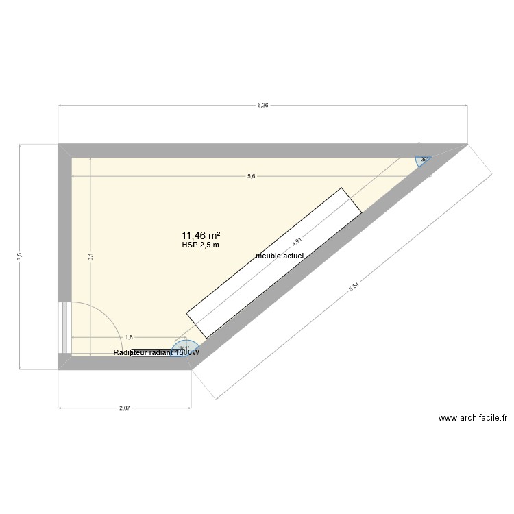 Vestiaire femmes. Plan de 1 pièce et 11 m2