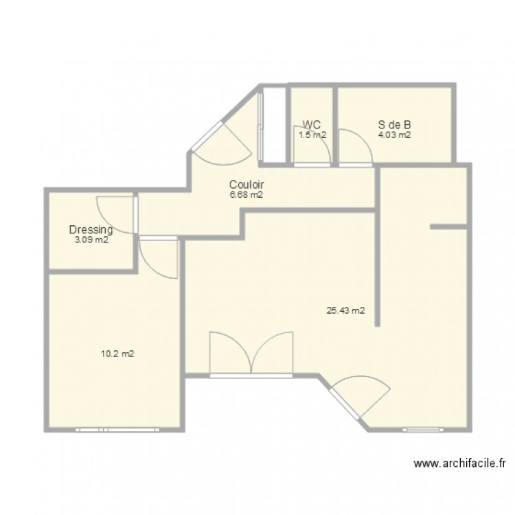 T2 Cuis + Sal + Chamb+ Couloir+wWC+S deB+Dress. Plan de 6 pièces et 51 m2