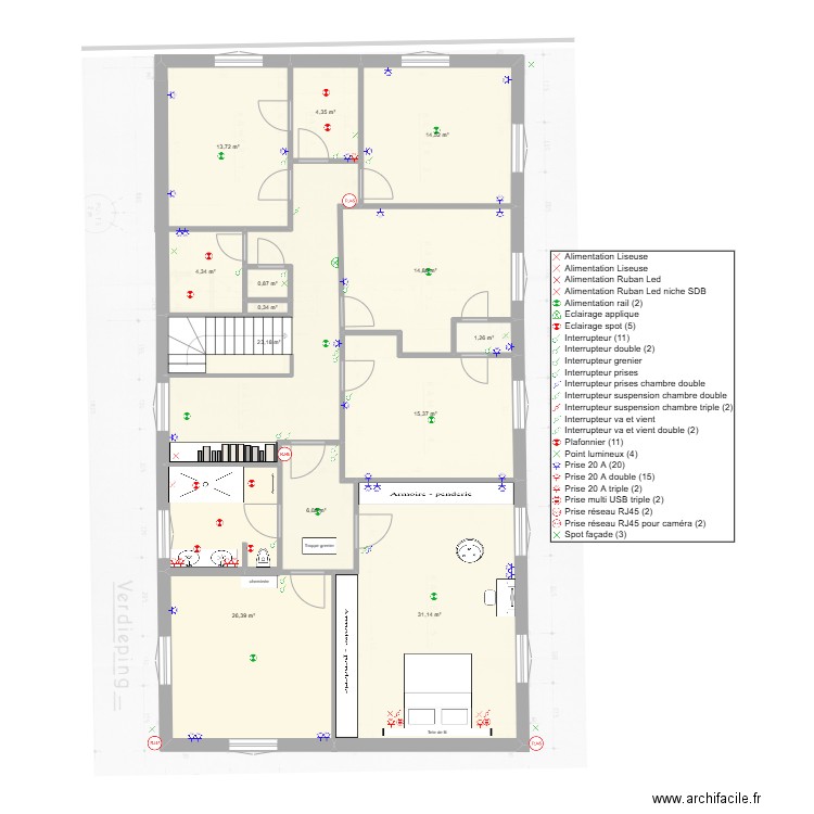 Chambre v2  - plan technique. Plan de 13 pièces et 156 m2