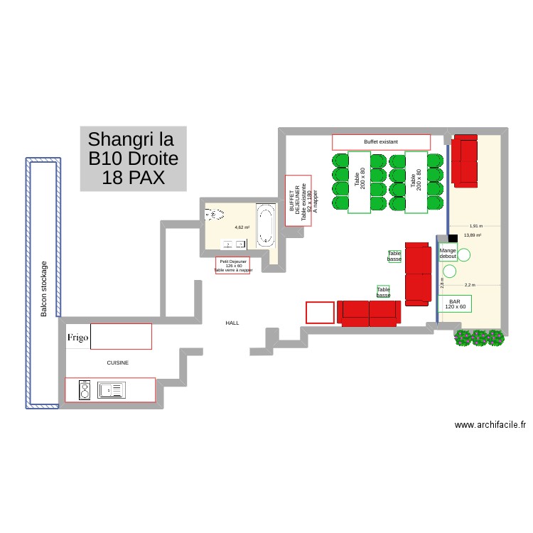 Shangri La B10 Droite. Plan de 2 pièces et 19 m2
