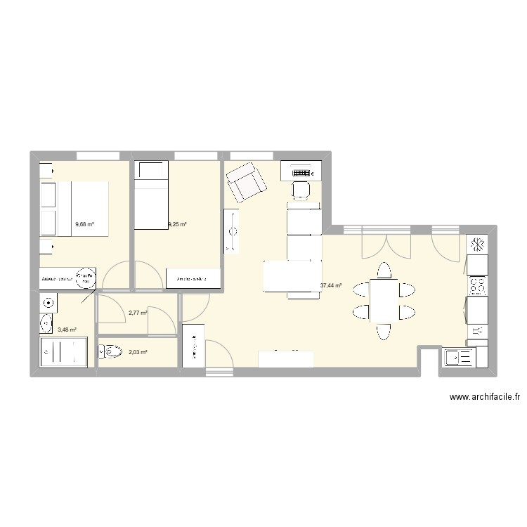 Appart v2. Plan de 6 pièces et 65 m2