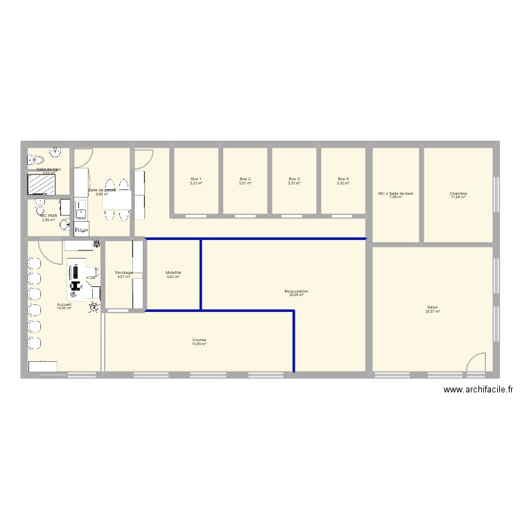 Plan rectangulaire. Plan de 16 pièces et 171 m2