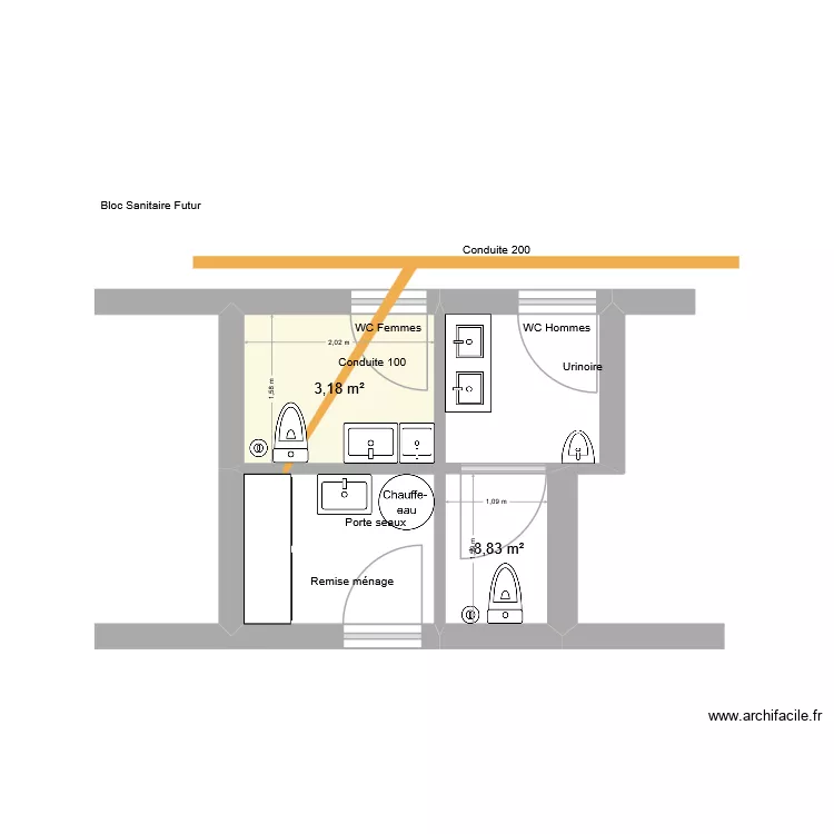 Bloc Sanitaire projet 03 2026. Plan de 2  et 5 m²
