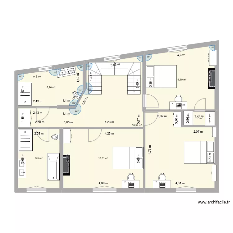 DH - 2eme etage 28-12-25. Plan de 6  et 92 m²