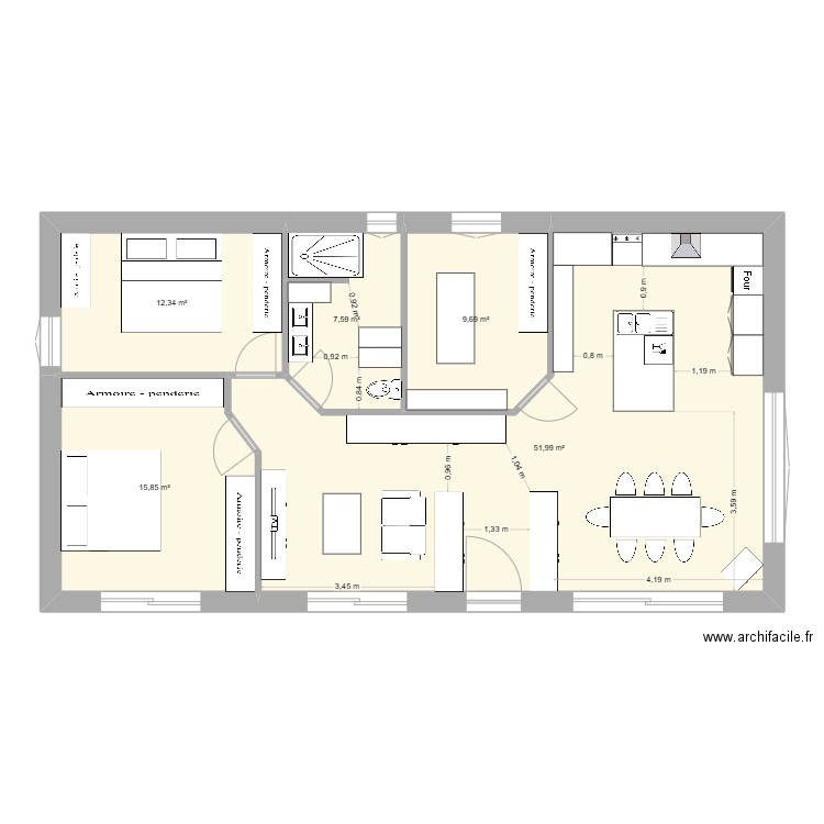 Petite maison 100m2 habitable. Plan de 5 pièces et 97 m2