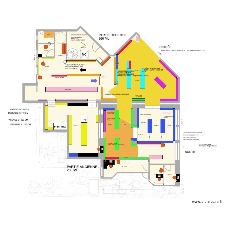 Plan pharmacie Entière 25 avec pente légère partie récente, entrée/sortie de part et d'autre. Plan de 9 pièces et 261 m2