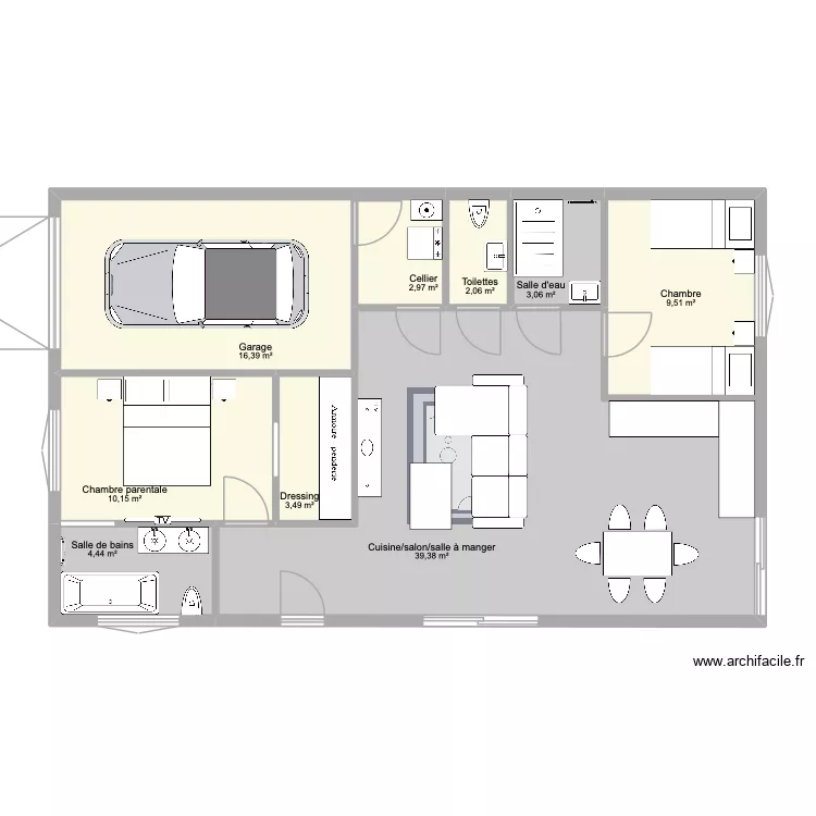 Maison plain pied 2. Plan de 9  et 91 m²