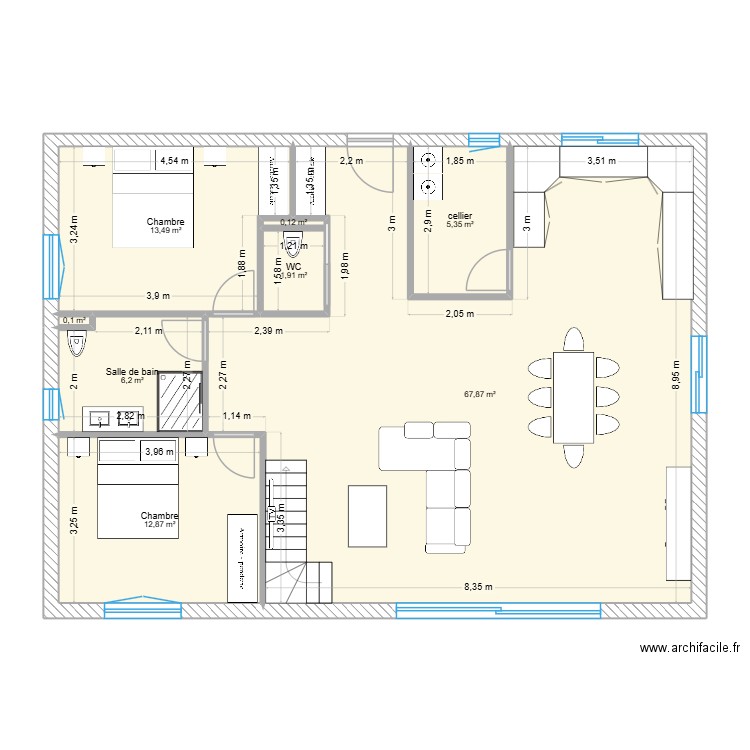plan rdc avec etage sous comble. Plan de 8 pièces et 108 m2
