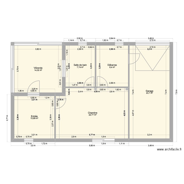 RDC. Plan de 6 pièces et 88 m2