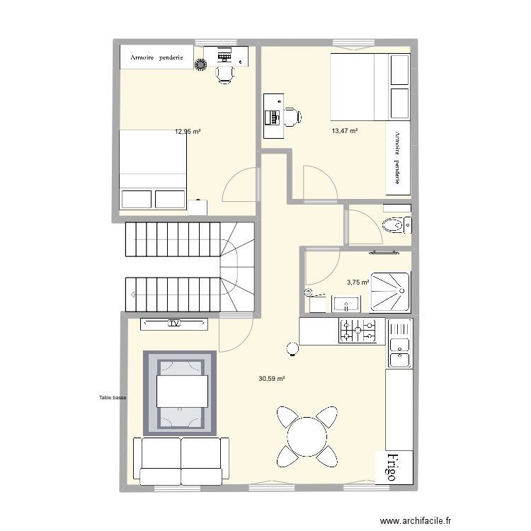 Plan 2D appartement aménager . Plan de 4 pièces et 61 m2