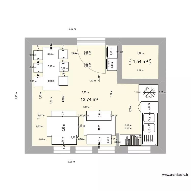 cuisine Api. Plan de 2  et 15 m²