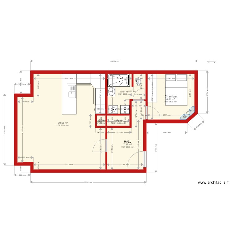 FLAT CENTRAL SITUATION PROJ machine cogte à cote. Plan de 6 pièces et 53 m2