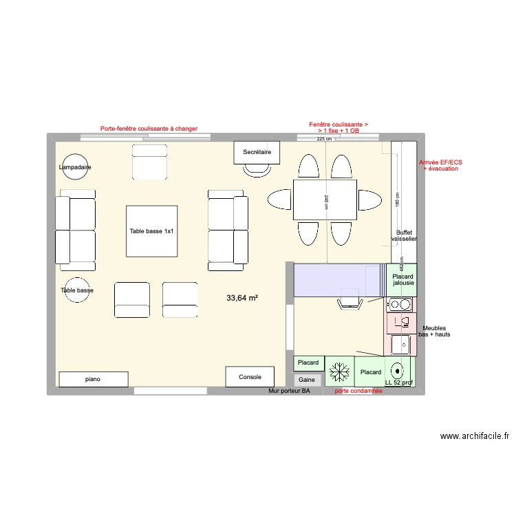 Cuisine semi-ouverte en U. Plan de 2 pièces et 34 m2