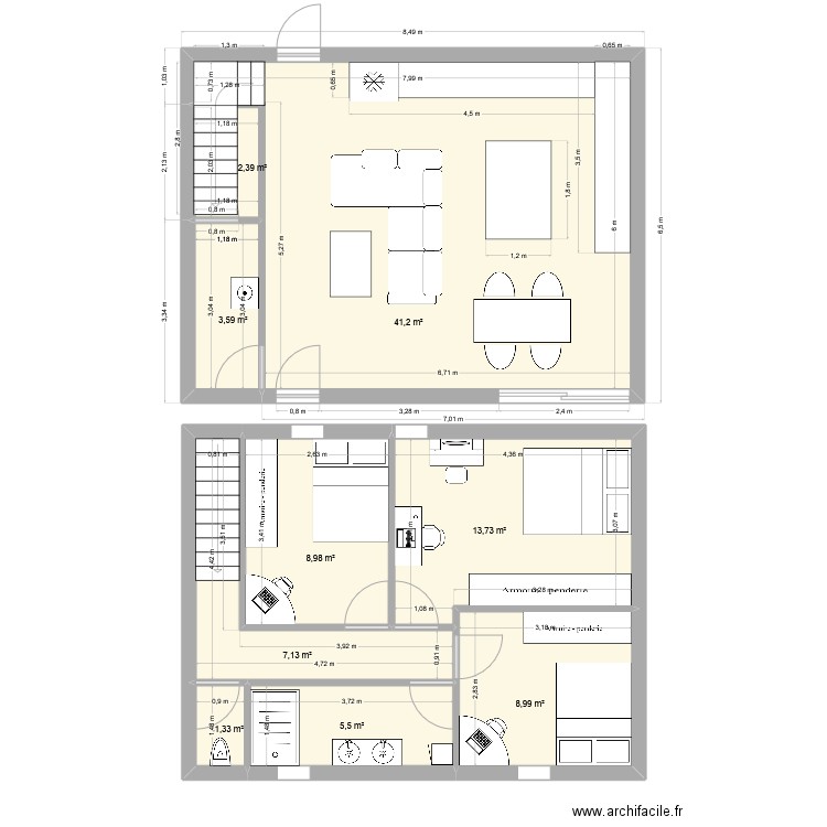 rdc. Plan de 9 pièces et 93 m2