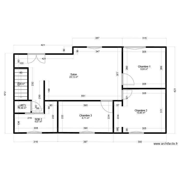 Plan étage 2. Plan de 7 pièces et 61 m2