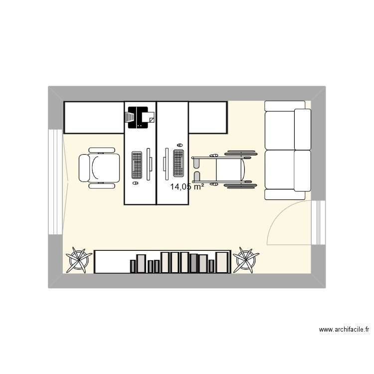 Bureau. Plan de 1 pièce et 14 m2