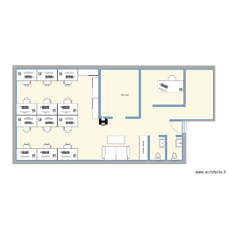 bureau. Plan de 1 pièce et 76 m2