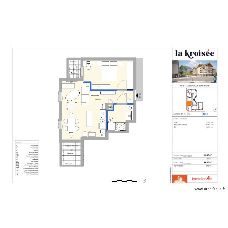 Calque Appart. Plan de 2 pièces et 49 m2