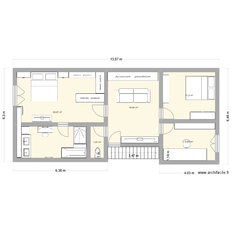 chambre v3. Plan de 5 pièces et 69 m2