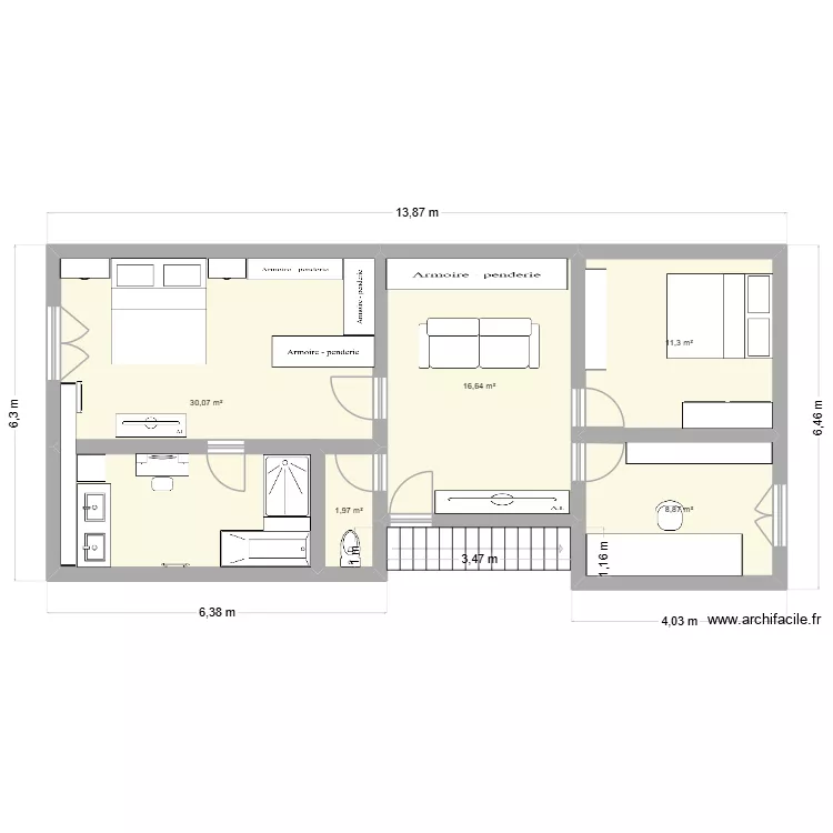 chambre v3. Plan de 5  et 69 m²