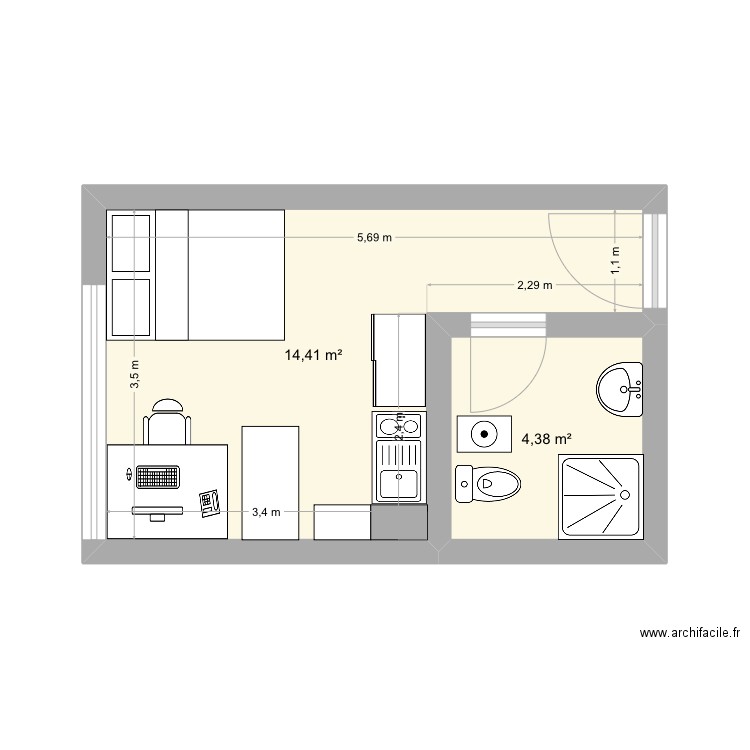 Version 1. Plan de 2 pièces et 19 m2