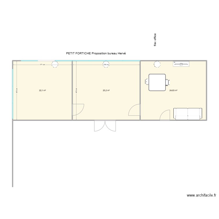 PETIT FORTICHE Bureau Hervé proposition 1. Plan de 3 pièces et 72 m2