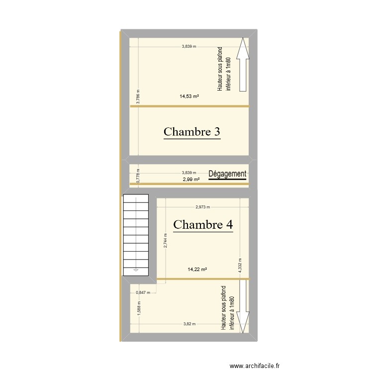 étage 1 maison ABEL sous toiture. Plan de 3 pièces et 32 m2