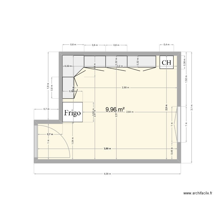 meubles hauts. Plan de 1 pièce et 10 m2