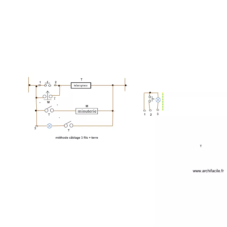 cablage minuterie associ&eacute;e a un t&eacute;l&eacute;rupteur sur 3 fils. Plan de 