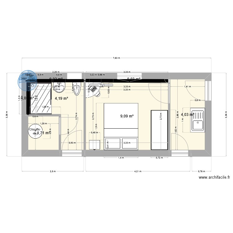 Dinension. Plan de 4 pièces et 18 m2