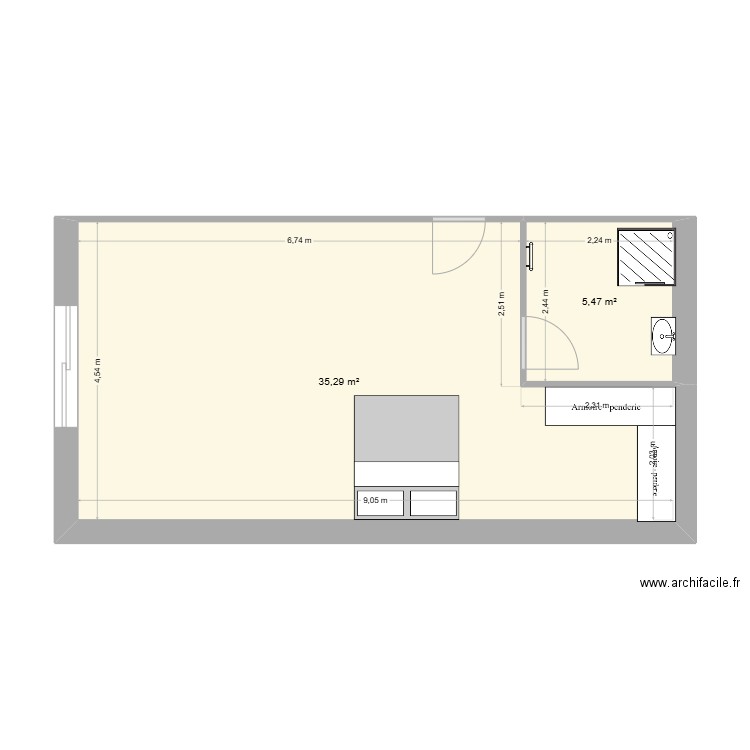 Extension. Plan de 2 pièces et 41 m2