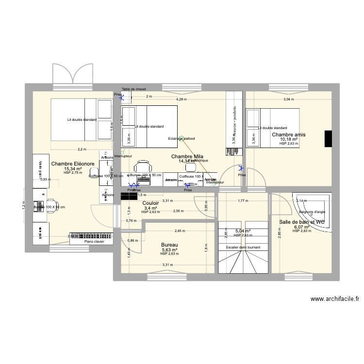Etage maison Rossini. Plan de 7 pièces et 60 m2