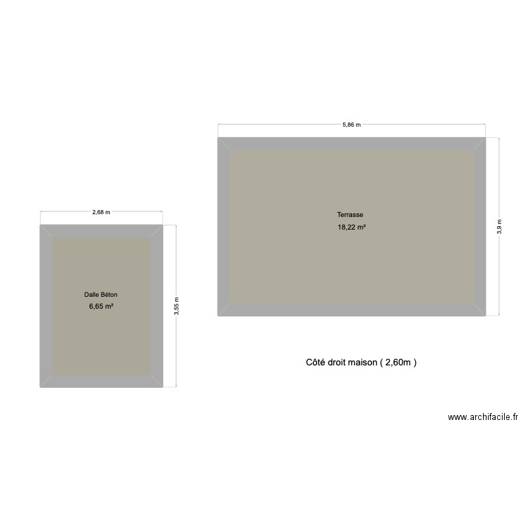 Terrasse + Dalle Béton. Plan de 2 pièces et 25 m2