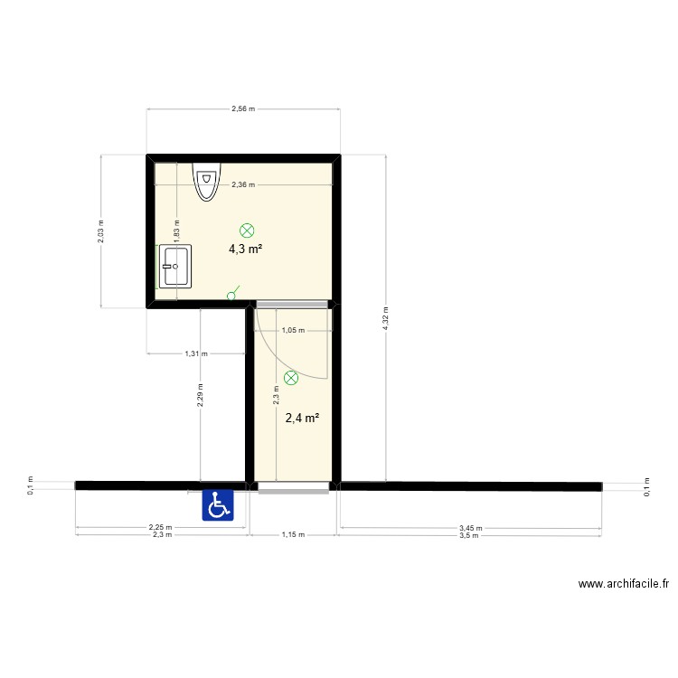 wc handicapé. Plan de 2 pièces et 7 m2